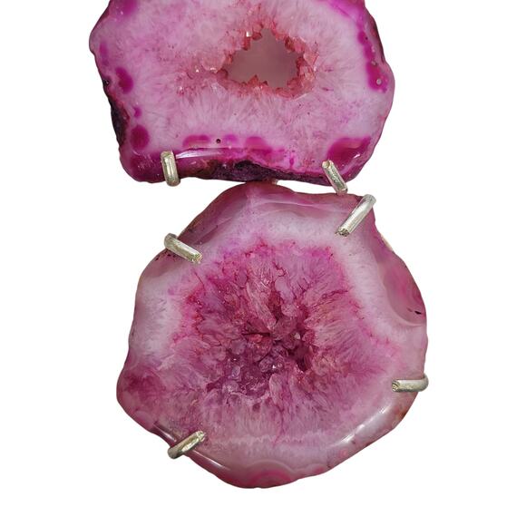 Double Pink Agate Geode Pendant – Handmade Sterling Silver Statement Necklace - Picture 6 of 10